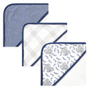 Three organic cotton hooded baby towels in blue elephant designs, featuring striped, plaid, and floral patterns.
