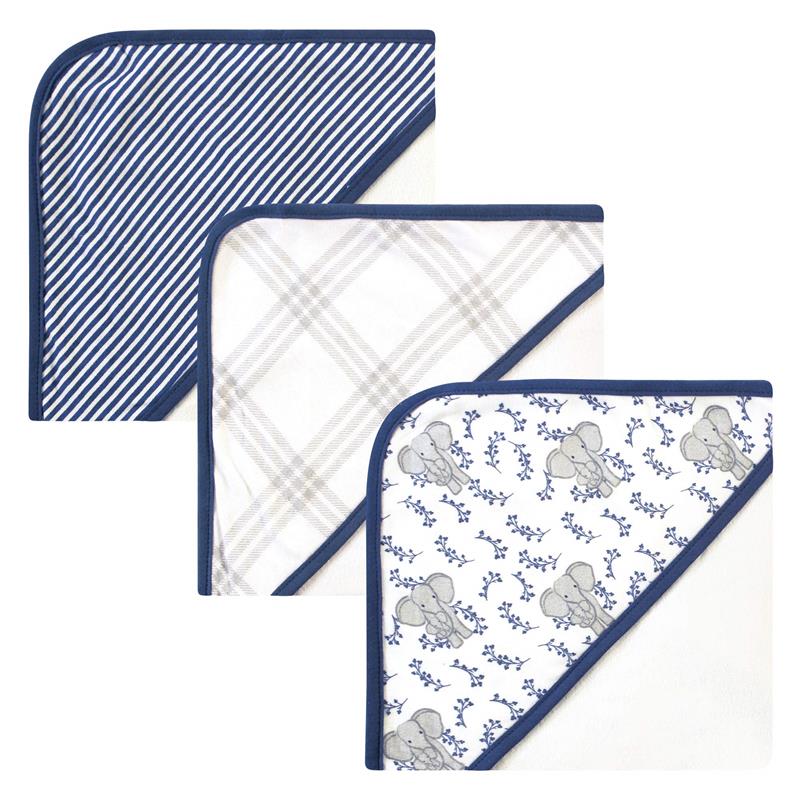 Three organic cotton hooded towels featuring blue elephant designs, stripes, and plaids for babies.
