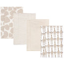 Four cotton flannel burp cloths in a Giraffe design, featuring patterns of giraffes, stripes, and polka dots.