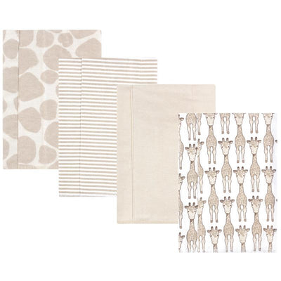 Four cotton flannel burp cloths in a Giraffe design, featuring patterns of giraffes, stripes, and polka dots.