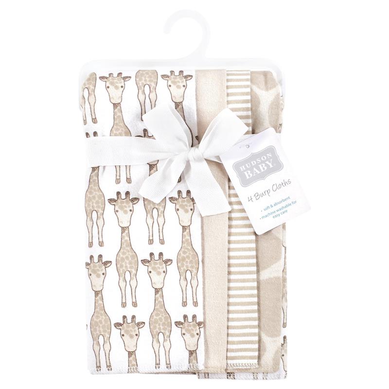 Four-pack of cotton flannel burp cloths featuring giraffe patterns and a neutral color palette, tied with a ribbon.