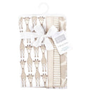 Four-pack of cotton flannel burp cloths featuring giraffe patterns and a neutral color palette, tied with a ribbon.