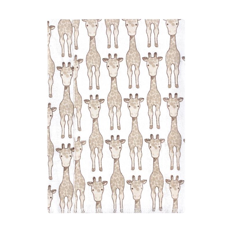 Cotton flannel burp cloth featuring a giraffe pattern, designed for babies, one size.