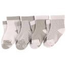 Four pairs of gray and white baby crew socks, featuring solid and striped patterns, suitable for infants 0 to 6 months.