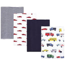 Flannel burp cloth set featuring four designs: striped, red cars, solid navy, and vehicles in various colors.