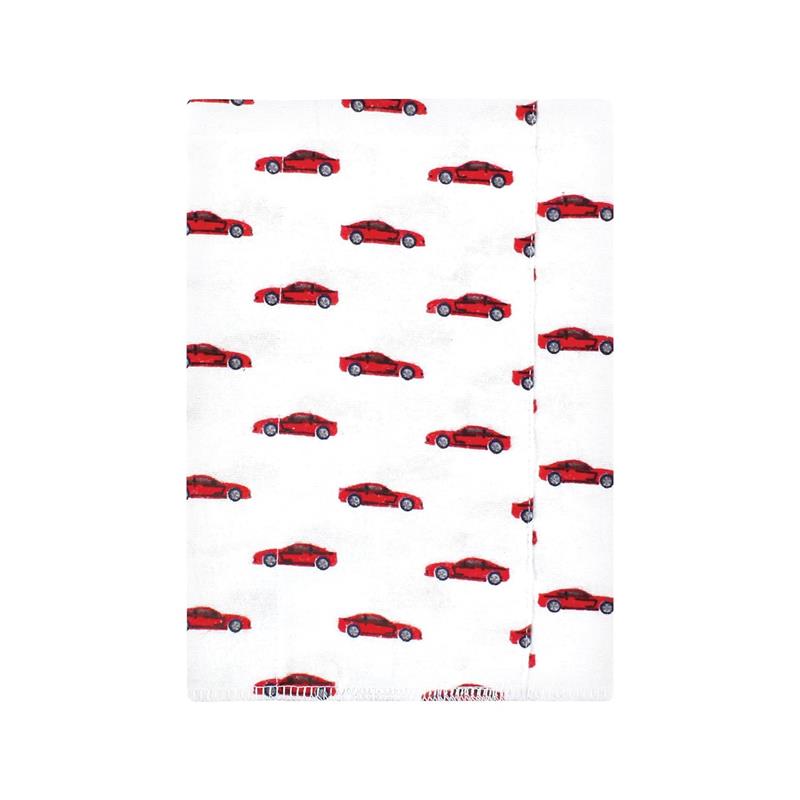 Flannel burp cloth featuring a playful pattern of red cars on a white background, designed for baby use.