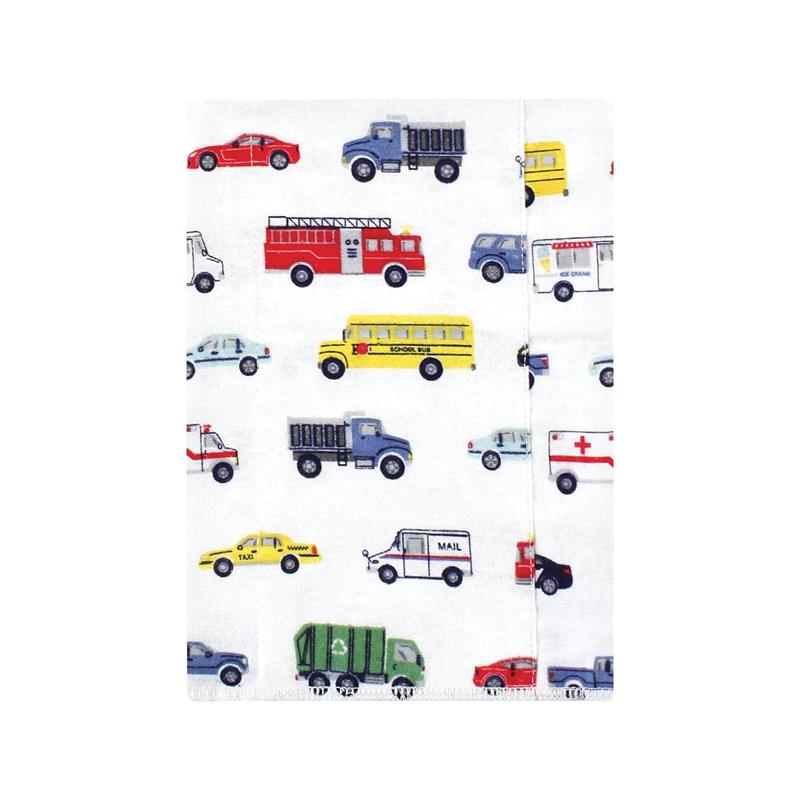 Flannel burp cloth featuring various colorful vehicles, including a fire truck, school bus, and ambulance, ideal for infants.