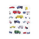 Flannel burp cloth featuring various colorful vehicles, including a fire truck, school bus, and ambulance, ideal for infants.