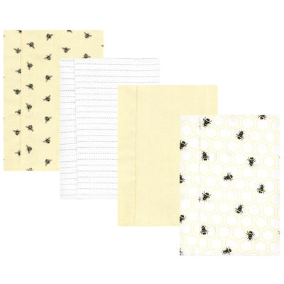 Set of four flannel burp cloths featuring honey bee patterns and yellow accents, designed for baby care.