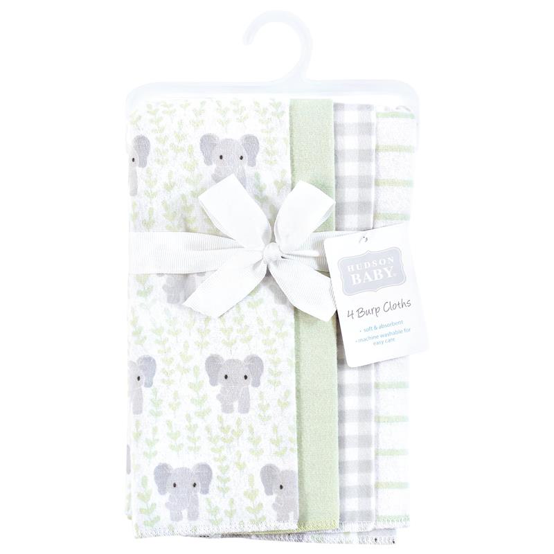 Four-pack of flannel burp cloths featuring a leafy elephant design, soft and absorbent, with a tag indicating “Hudson Baby.”