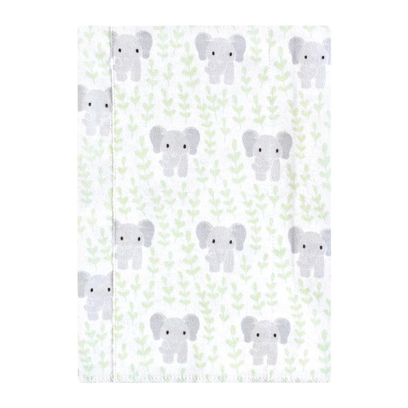 Flannel burp cloth with a leafy elephant pattern in gray and green tones, designed for babies.