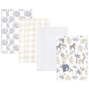 Four unisex cotton flannel burp cloths featuring animal patterns, including elephants, zebras, and a neutral color scheme.