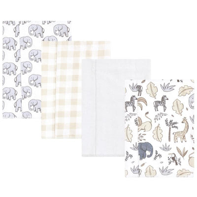 Four unisex cotton flannel burp cloths featuring animal patterns, including elephants, zebras, and a neutral color scheme.