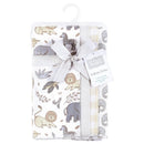 Four cotton flannel burp cloths featuring neutral safari animal prints, packaged with a ribbon and tag from Hudson Baby.