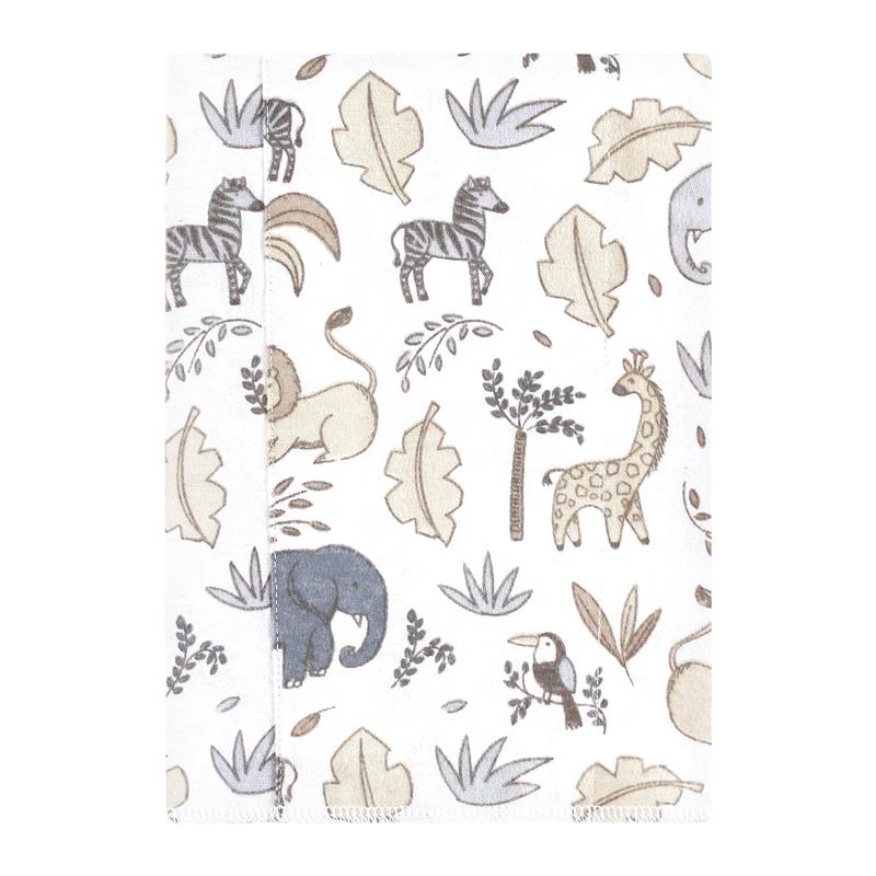 Unisex baby cotton flannel burp cloth featuring a neutral safari design with animals like lions, giraffes, and elephants.