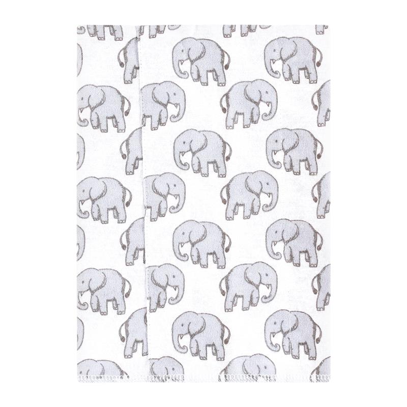 Cotton flannel burp cloth featuring repeating gray elephant patterns, designed for unisex baby use.