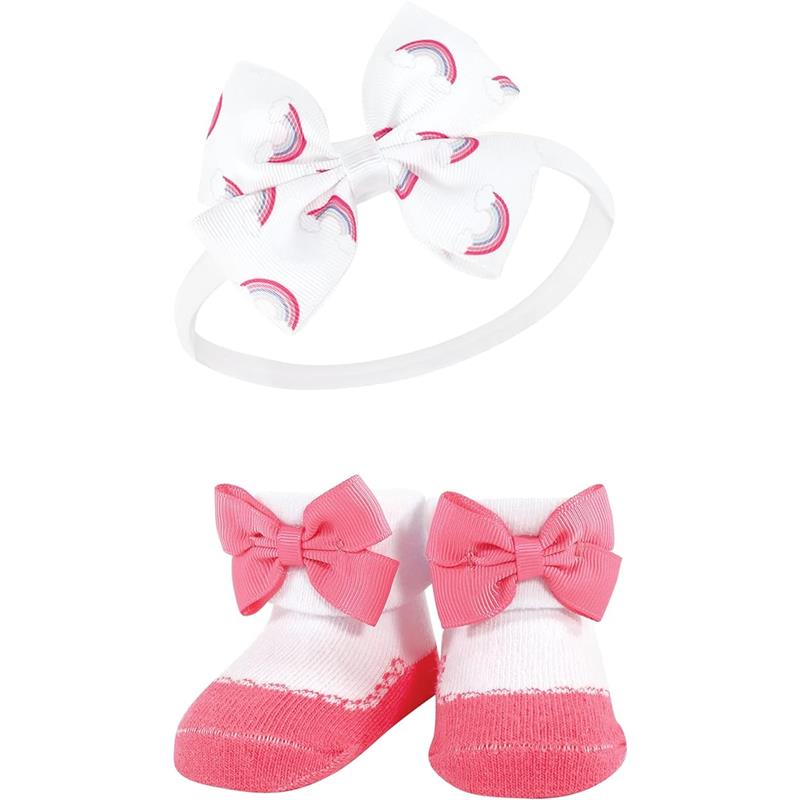 Rainbow-themed headband and matching socks set for babies, featuring pink bows and a white base with rainbow patterns.
