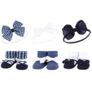 Navy gingham headbands and socks set, featuring three headbands and three pairs of matching socks with bows.