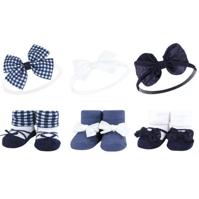 Navy gingham headbands and socks set, featuring three headbands and three pairs of matching socks with bows.
