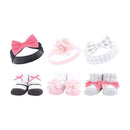 Six-piece baby accessory set featuring headbands with bows and floral designs, paired with cozy socks in pink and charcoal.