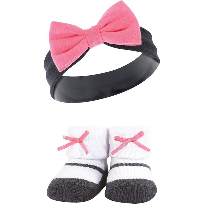 Headband with a pink bow and matching socks with pink bows and gray stripes, suitable for infants.