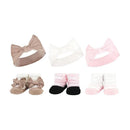 Set of six baby knit headbands and socks in pink and taupe, featuring bows and soft fabric.