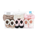Six-piece baby headband and sock gift set in pink and taupe, featuring three headbands and three pairs of socks.