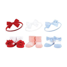 Linen headband and sock set for babies, featuring red, white, pink, and blue items with bows and flower details.