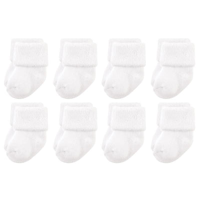 Eight pairs of white terry socks for newborns, featuring a rolled cuff design.