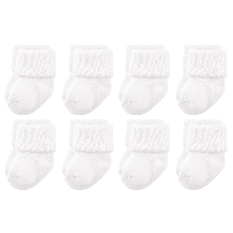 Set of eight white baby terry socks designed for newborns. Features ribbed cuffs and soft, cozy fabric.