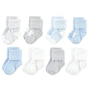 Unisex cotton-rich newborn socks in blue and gray colors, featuring a mix of solid and striped designs, soft terry fabric.