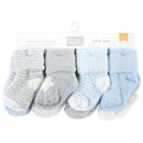 Unisex baby socks in blue and gray tones, featuring soft terry material, packaged in an 8-pack for ages 6-12 months.