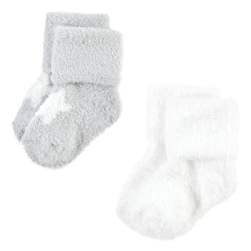 Soft, fluffy socks in gray and white, designed for infants aged 12 to 24 months. Ideal for warmth and comfort.