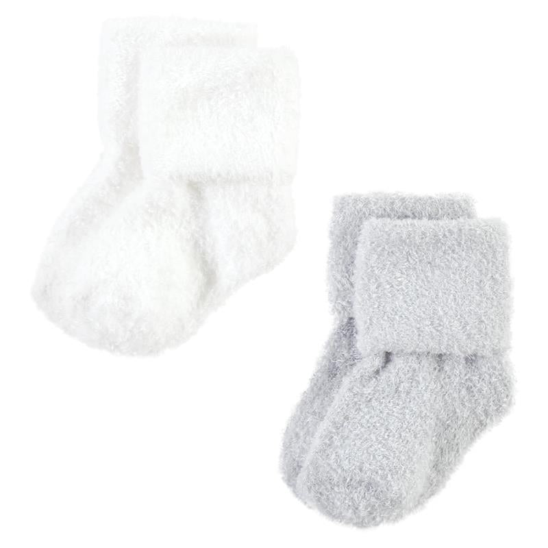 Unisex baby socks in white and light gray, made of cotton-rich fabric, designed for newborns aged 12-24 months.