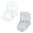 Unisex baby socks in white and light gray, made of cotton-rich fabric, designed for newborns aged 12-24 months.
