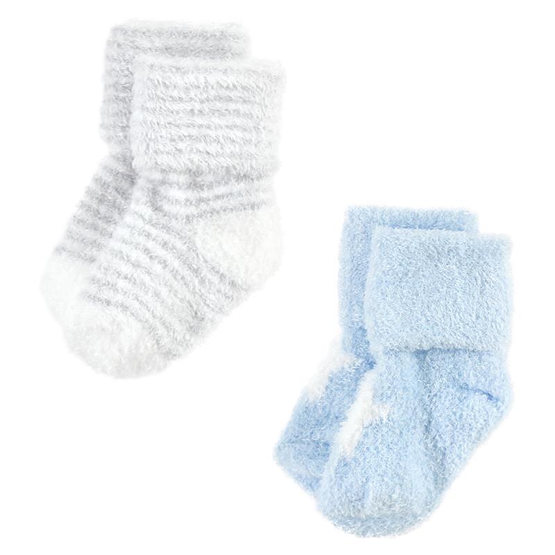 Cotton-rich newborn socks in blue and white, featuring a star design and textured fabric, suitable for ages 12-24 months.