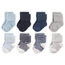 Unisex cotton-rich newborn and terry socks in a set of eight, featuring solid and striped designs in soft colors.