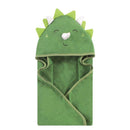 Hooded towel designed for babies, featuring a green dinosaur motif with a friendly face and spike details on the hood.