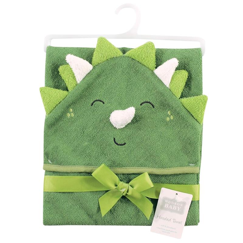 Baby Vision Animal Hooded Towel in dinosaur design, featuring a green towel with a smiling face and spikes, tied with a ribbon.