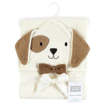 Hooded towel designed for babies, featuring a dog face with floppy ears and a brown bow tie, soft and absorbent.