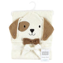 Hooded towel designed for babies, featuring a dog face with floppy ears and a brown bow tie, soft and absorbent.