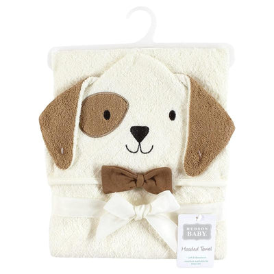 Hooded towel designed for babies, featuring a dog face with floppy ears and a brown bow tie, soft and absorbent.