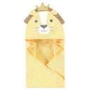 Hooded towel designed as a king lion, featuring a cute lion face with a crown and a soft yellow fabric.