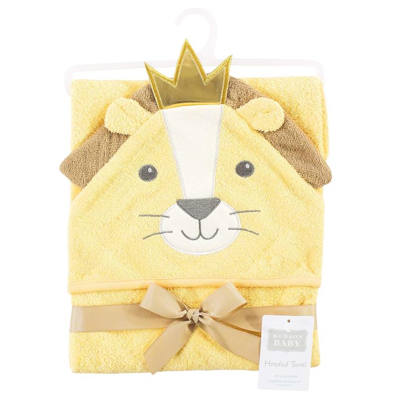 Hooded towel designed as a lion, yellow with a crown, featuring facial details and a ribbon, ideal for baby bath time.