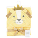 Hooded towel designed as a lion, yellow with a crown, featuring facial details and a ribbon, ideal for baby bath time.