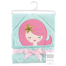 Hooded towel designed for babies featuring a mermaid with pink hair and a gold star, made of soft materials.