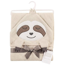 Hooded towel featuring a sloth design in soft beige, with embroidered face details and a brown ribbon.