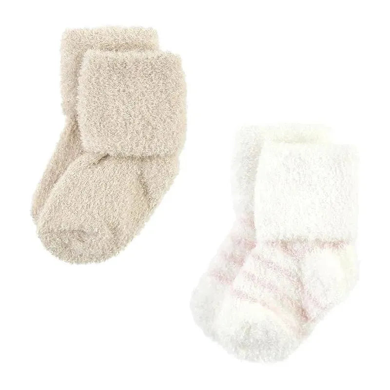 Chenille socks set in soft pink and neutral stripes, including large sizes with cozy cuffed design.