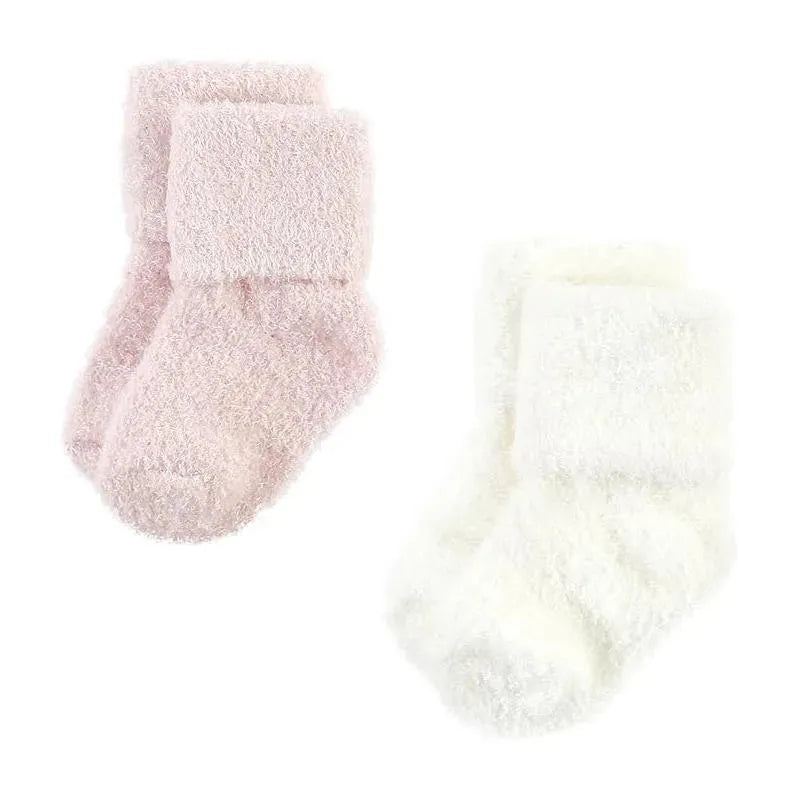 Soft chenille socks in pink and white, featuring a cozy fold-over cuff, designed for babies.