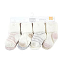 Chenille socks set featuring eight pairs in a pink and neutral striped design, suitable for babies aged 6-12 months.